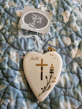 Faith Heart Ceramic Ornament with Gold Cross